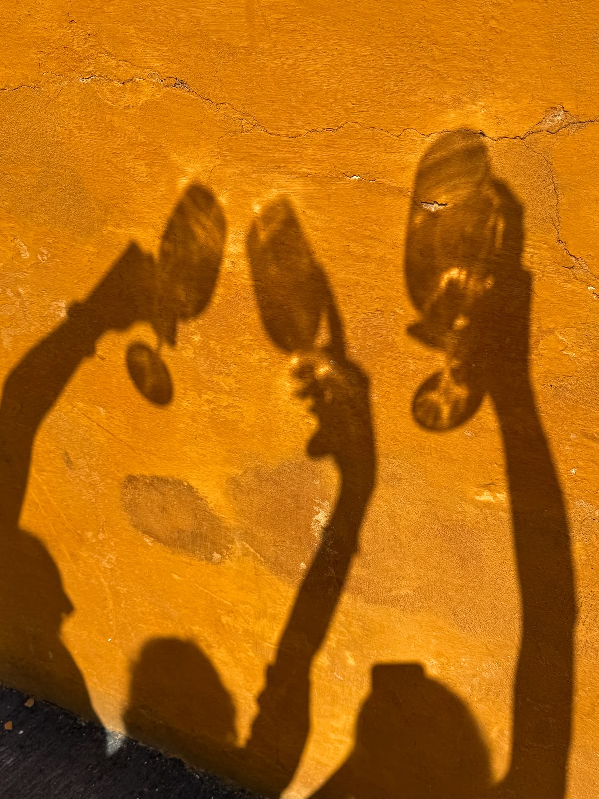 Shadows of friends raising drinks against a golden wall